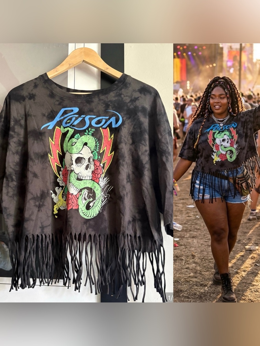 Graphic Tie-Dye Fringe Tee - ☠️ Poison band graphic